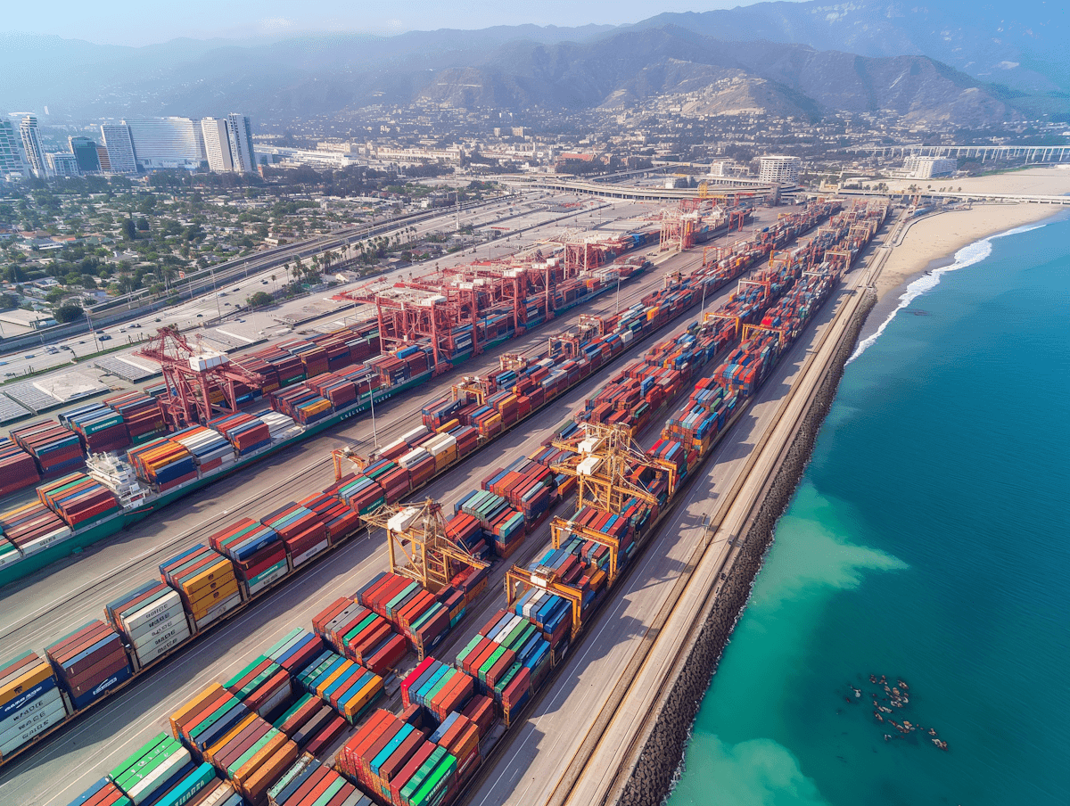 Comprehensive transportation hub featuring ships, aircraft, trains, and heavy trucks